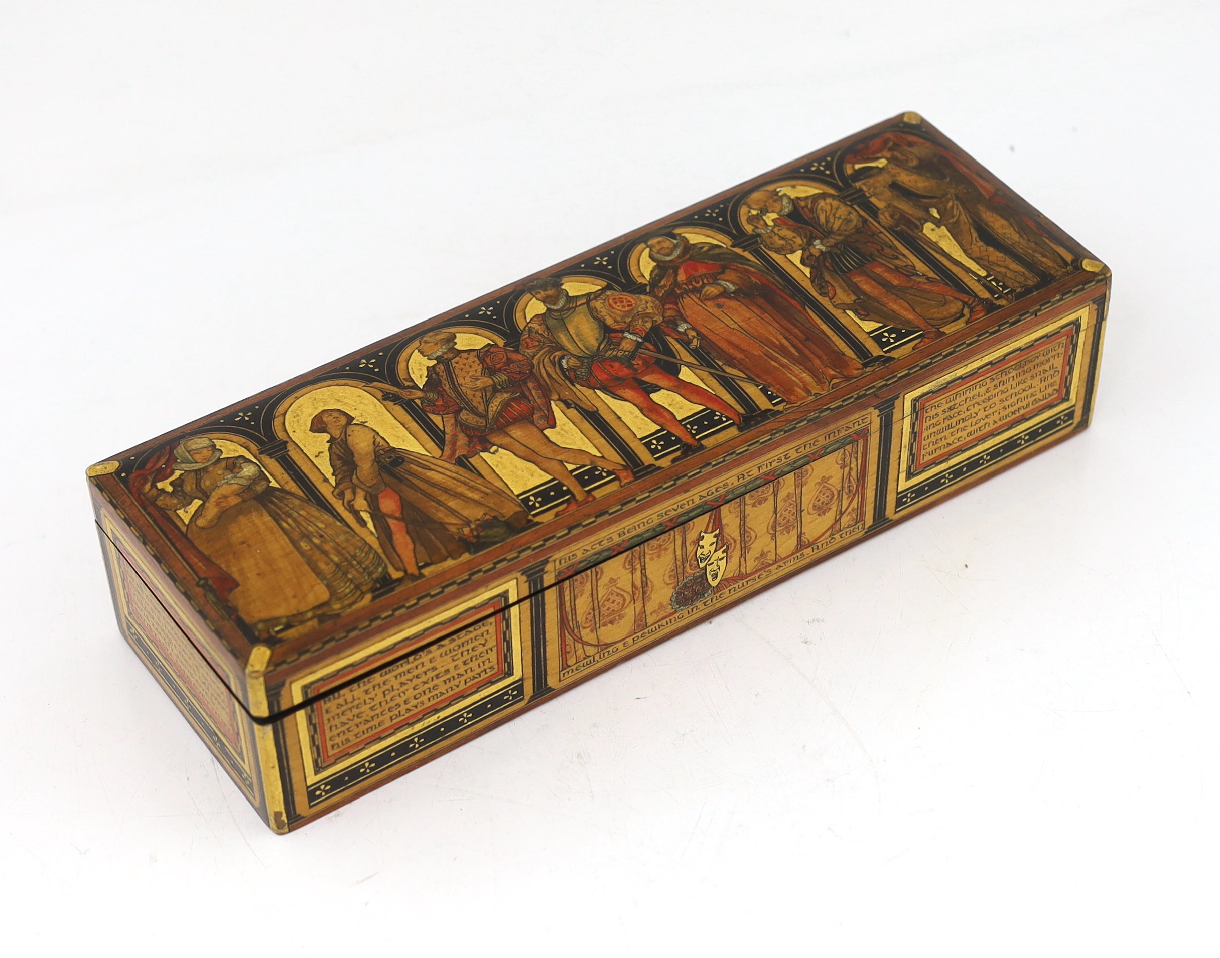 Gwendolen Beatrice White (British, 1904-1981), The Seven Ages of Man Casket, whitewood with stained and gilt gesso decoration, 32.5 x 11 x 7.5cm